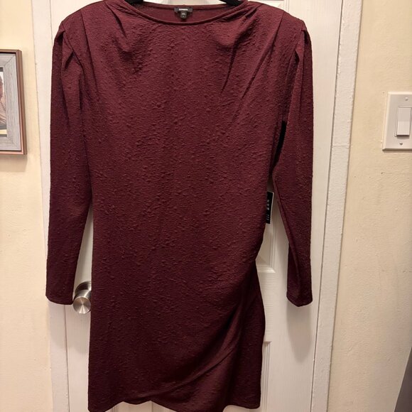 Express Textured Burgundy Ruched Wrap Dress – Long Sleeve, Size L (NWT) - Picture 3 of 5